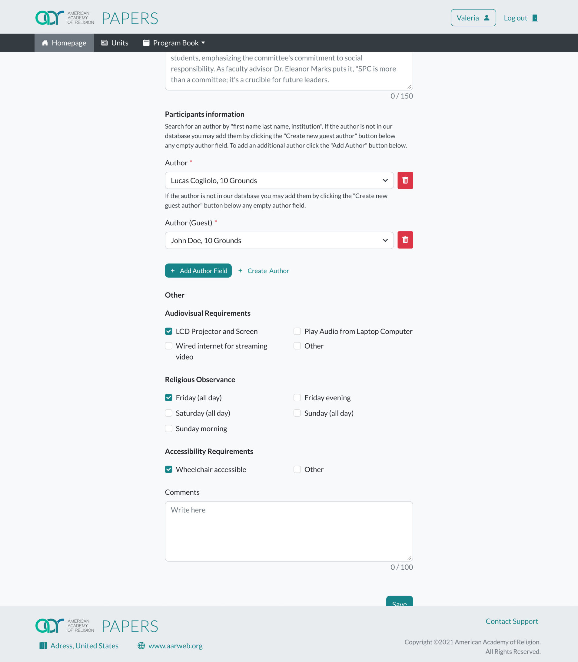 Create paper form with authors, requirements and comments