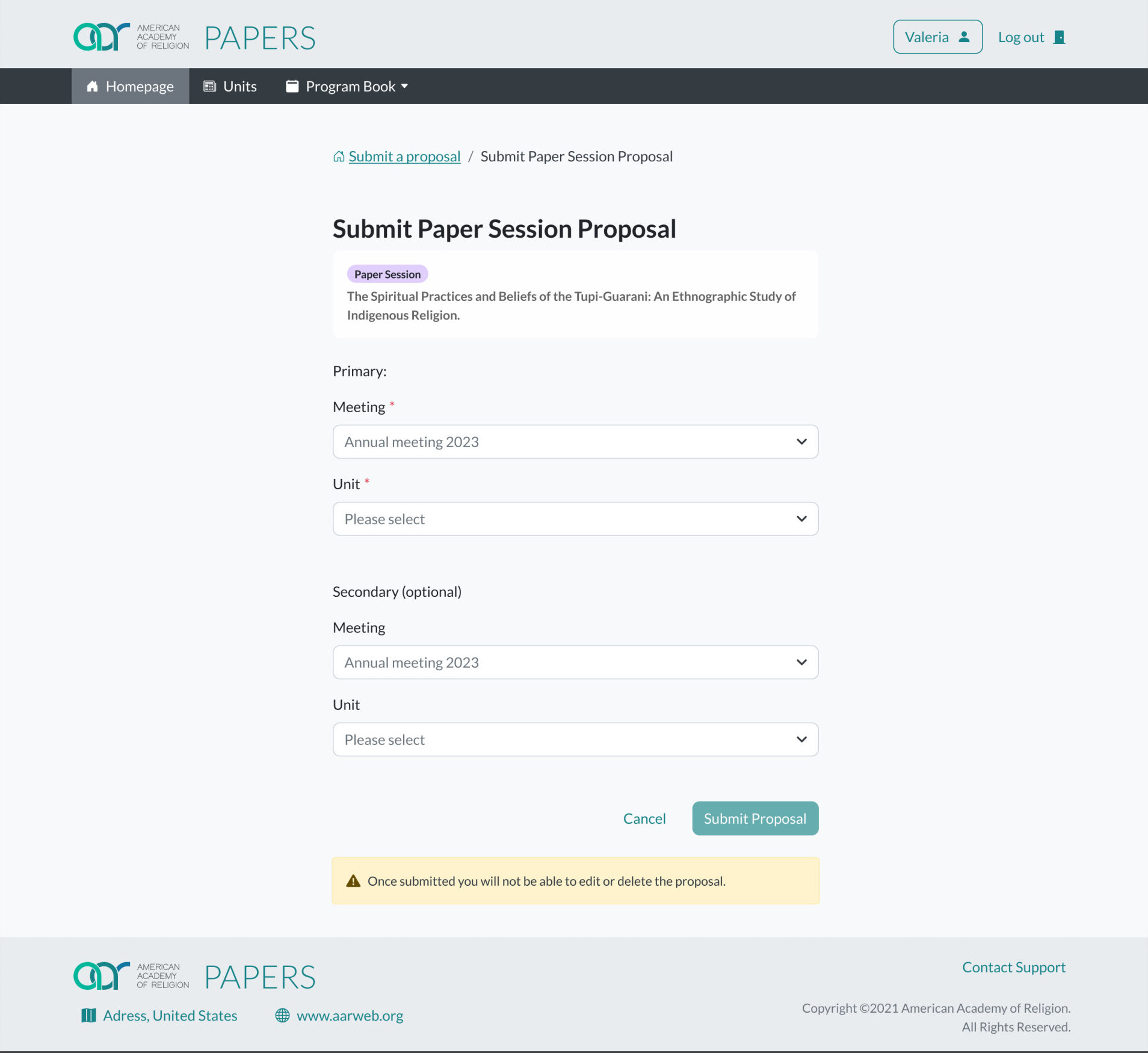 Submit paper session proposal: choosing the meeting and the program units
