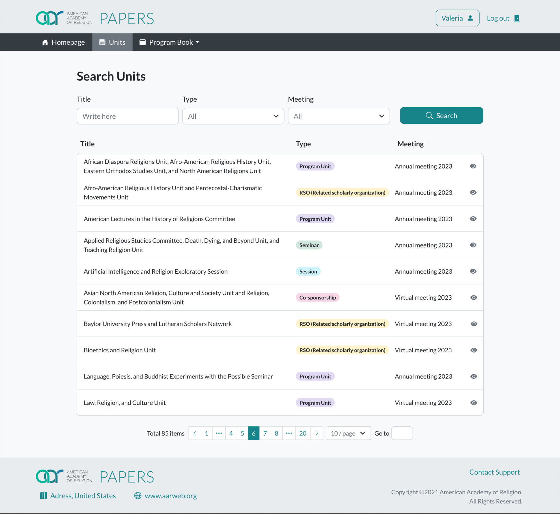 Search units: a filterable table of program units