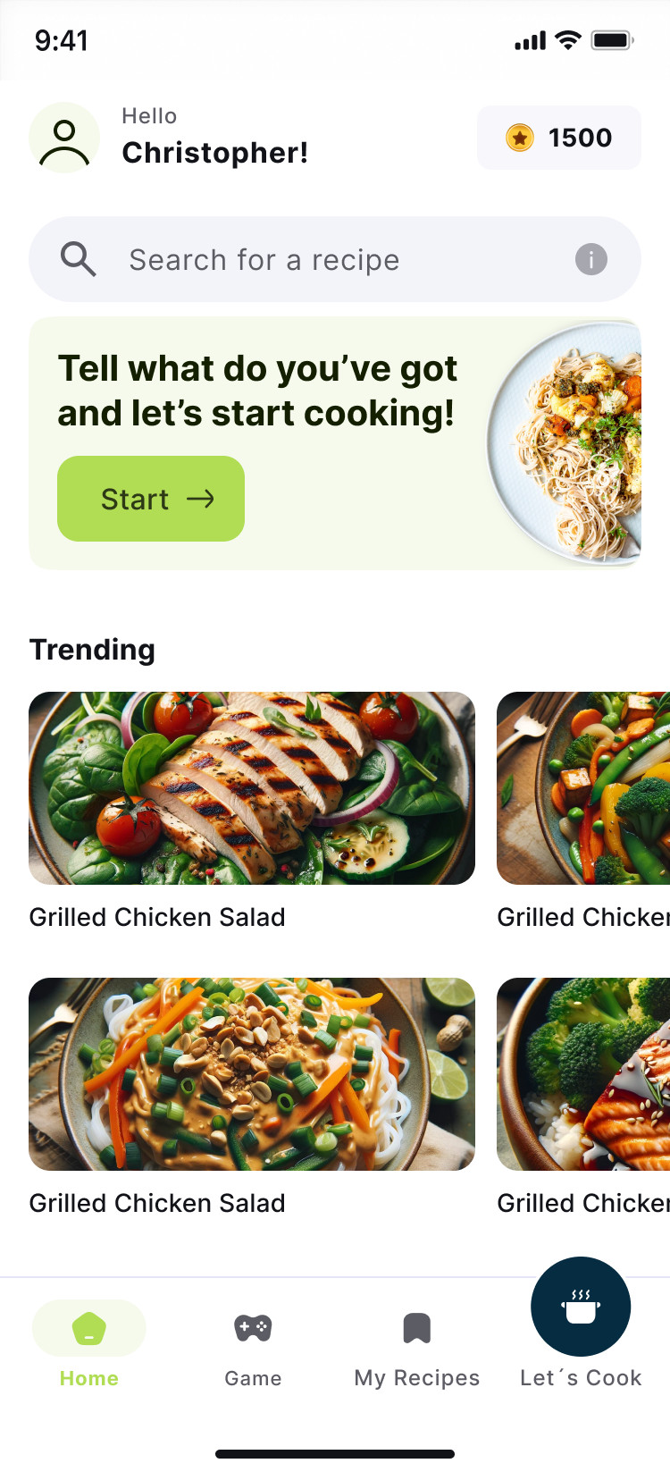 Chefy home: search, a prompt to start cooking and trending recipes