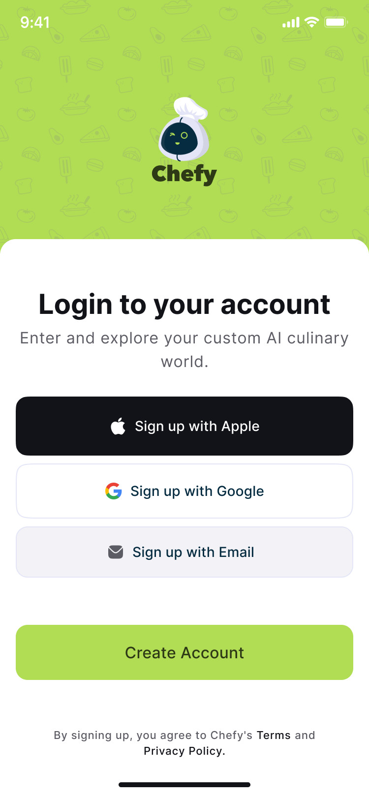 Chefy login screen: sign up with Apple, Google or email