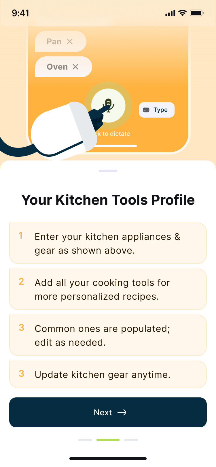 Chefy onboarding: setting up your kitchen tools profile by voice or typing