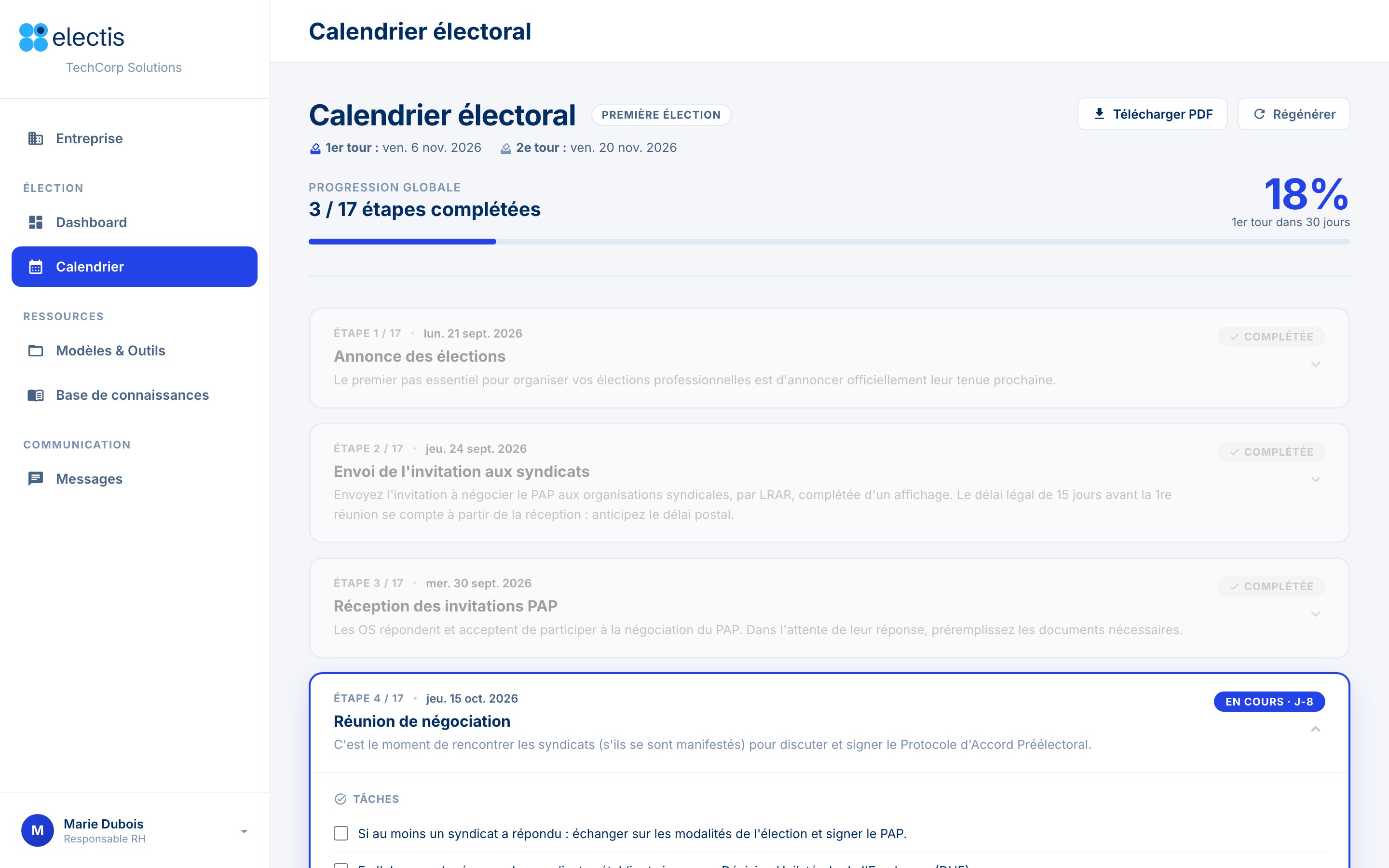Electoral calendar with completed and current steps