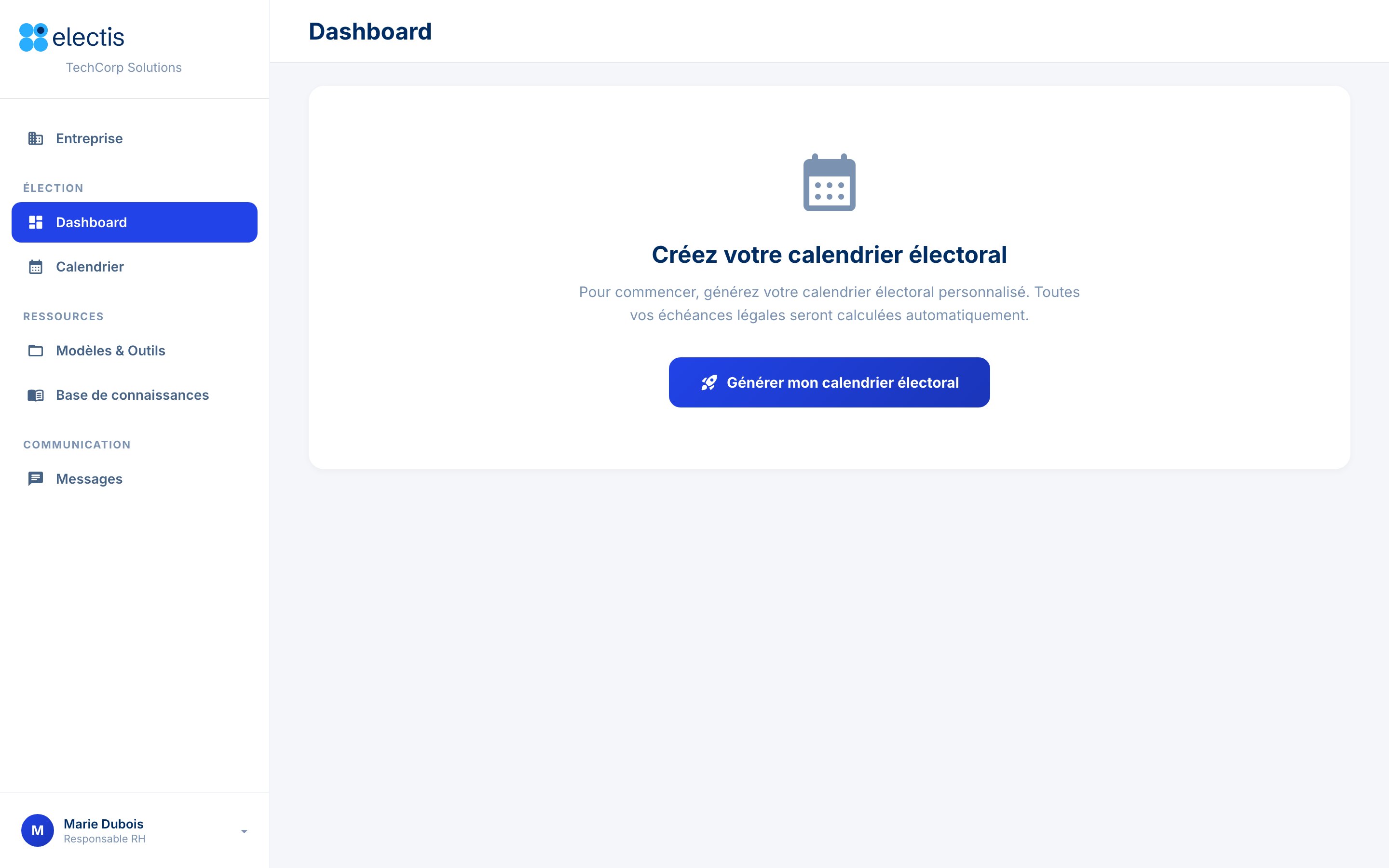 Empty dashboard inviting to generate the electoral calendar