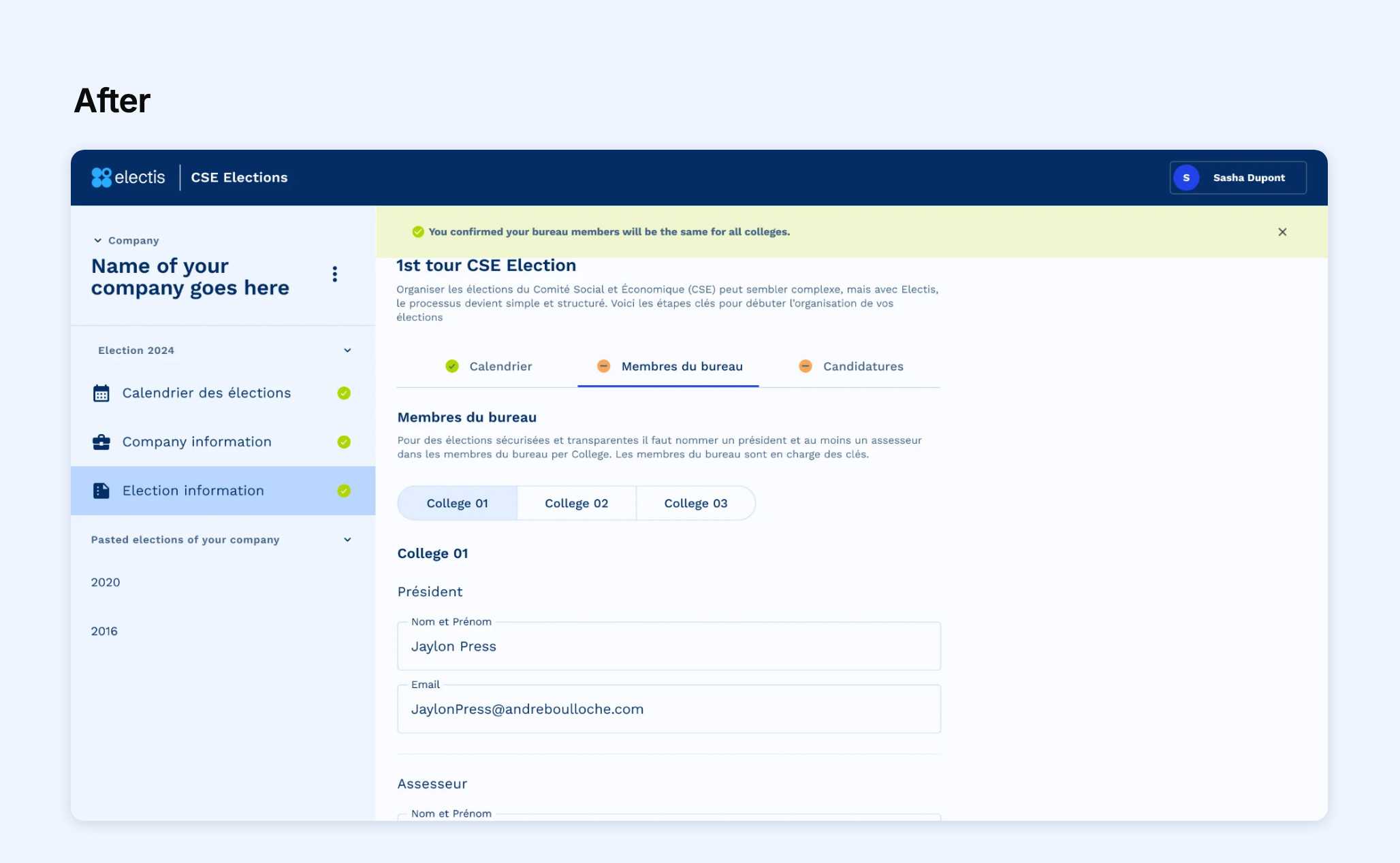 The election setup after the redesign: steps in a sidebar with their status, here the polling office members