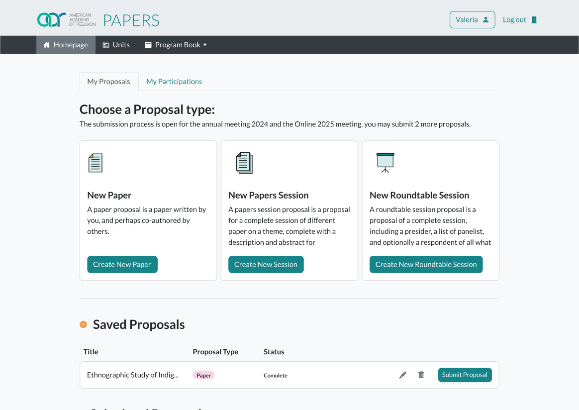 The proposals page after the redesign: three proposal cards and a list of saved proposals