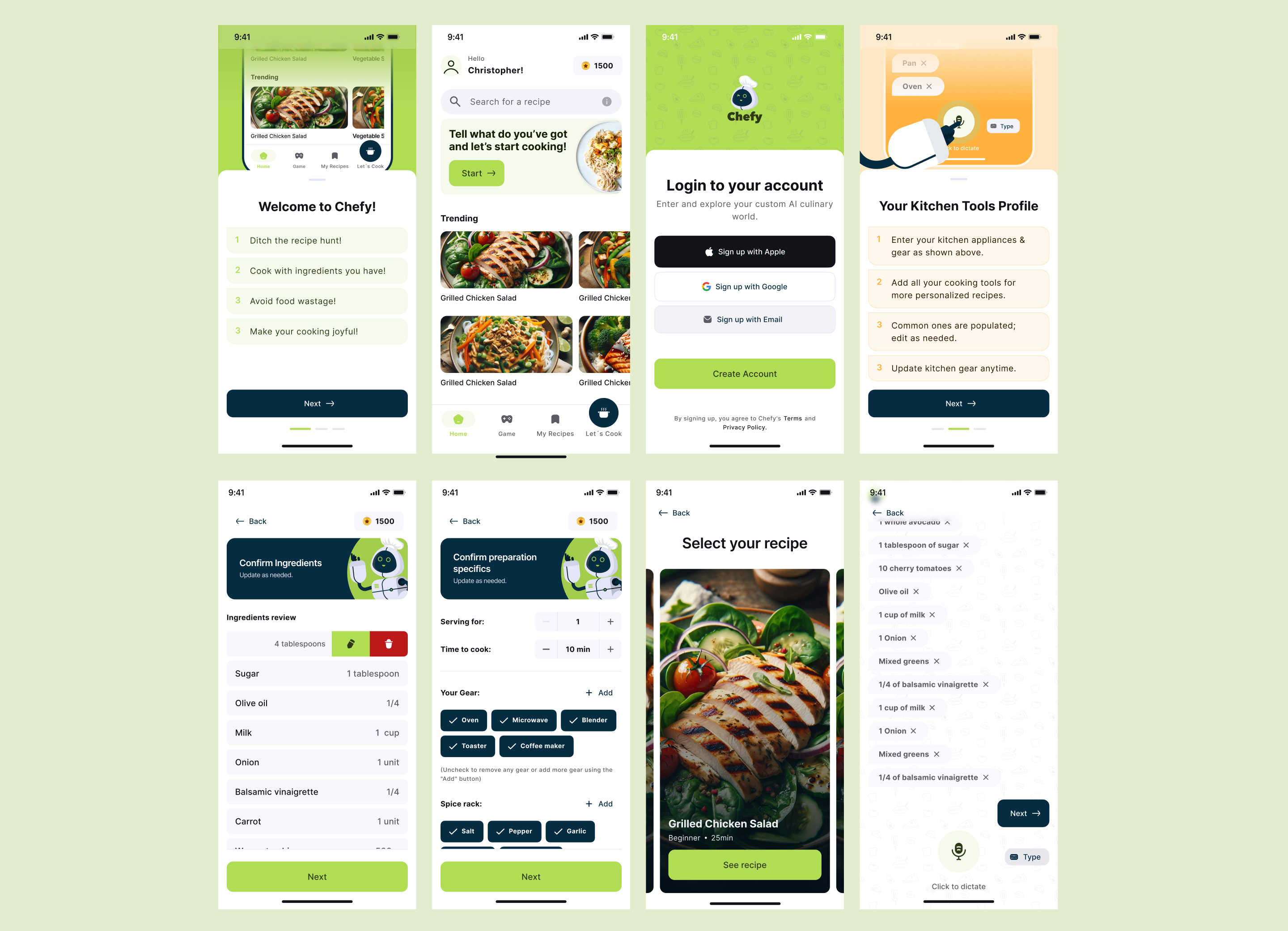 Eight screens of the Chefy app